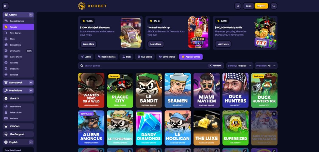 Roobet giochi disponibili