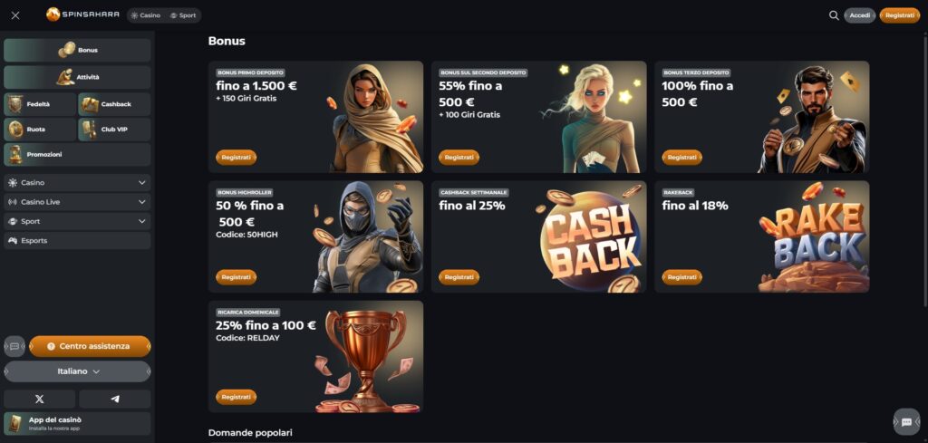 Spin Sahara bonus di benvenuto e giri gratis
